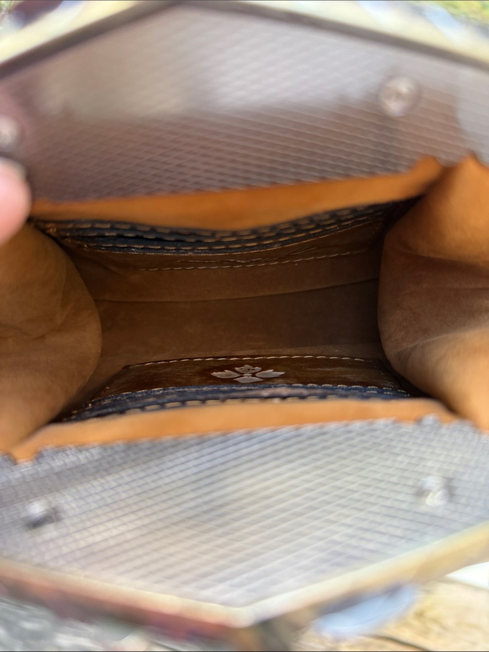 Patricia Nash Sand and Tan Embossed Leather Shoulder Bag with Ornate Metal Frame - Picture 14 of 17